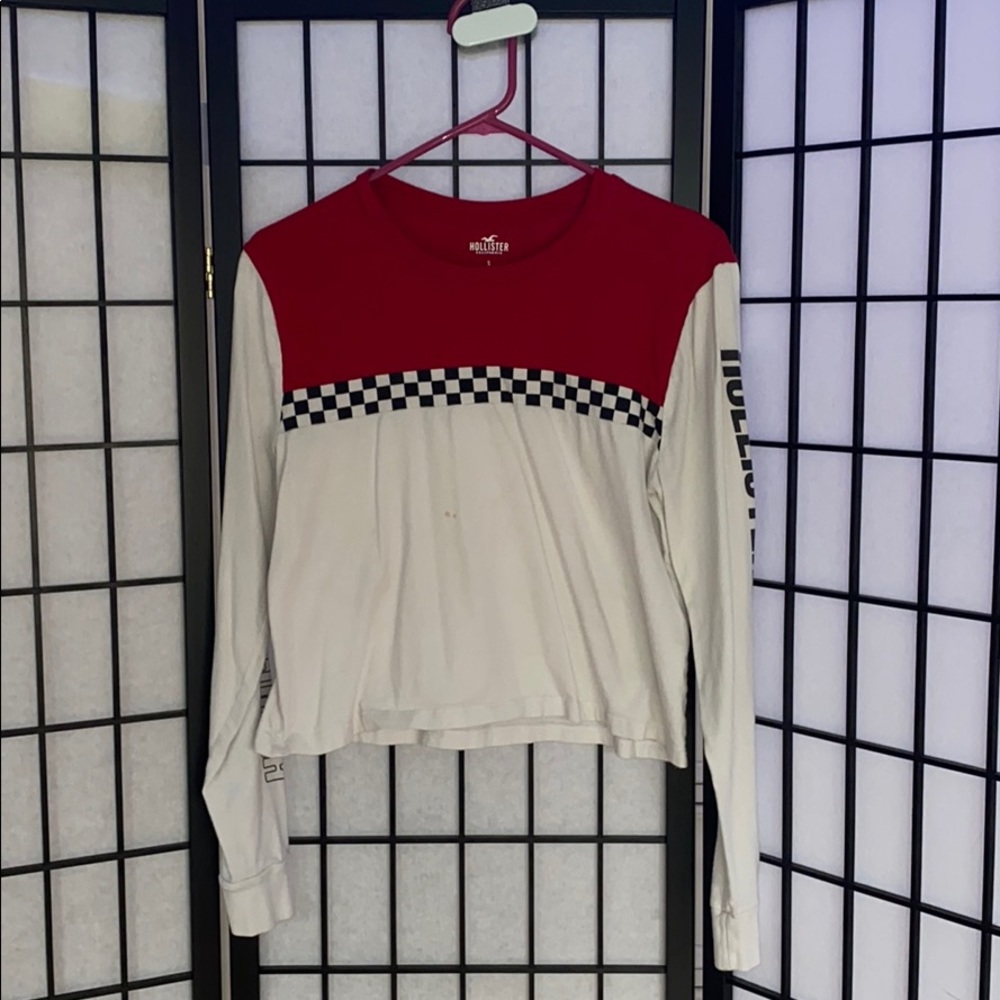 Red and checker print long sleeve crop top